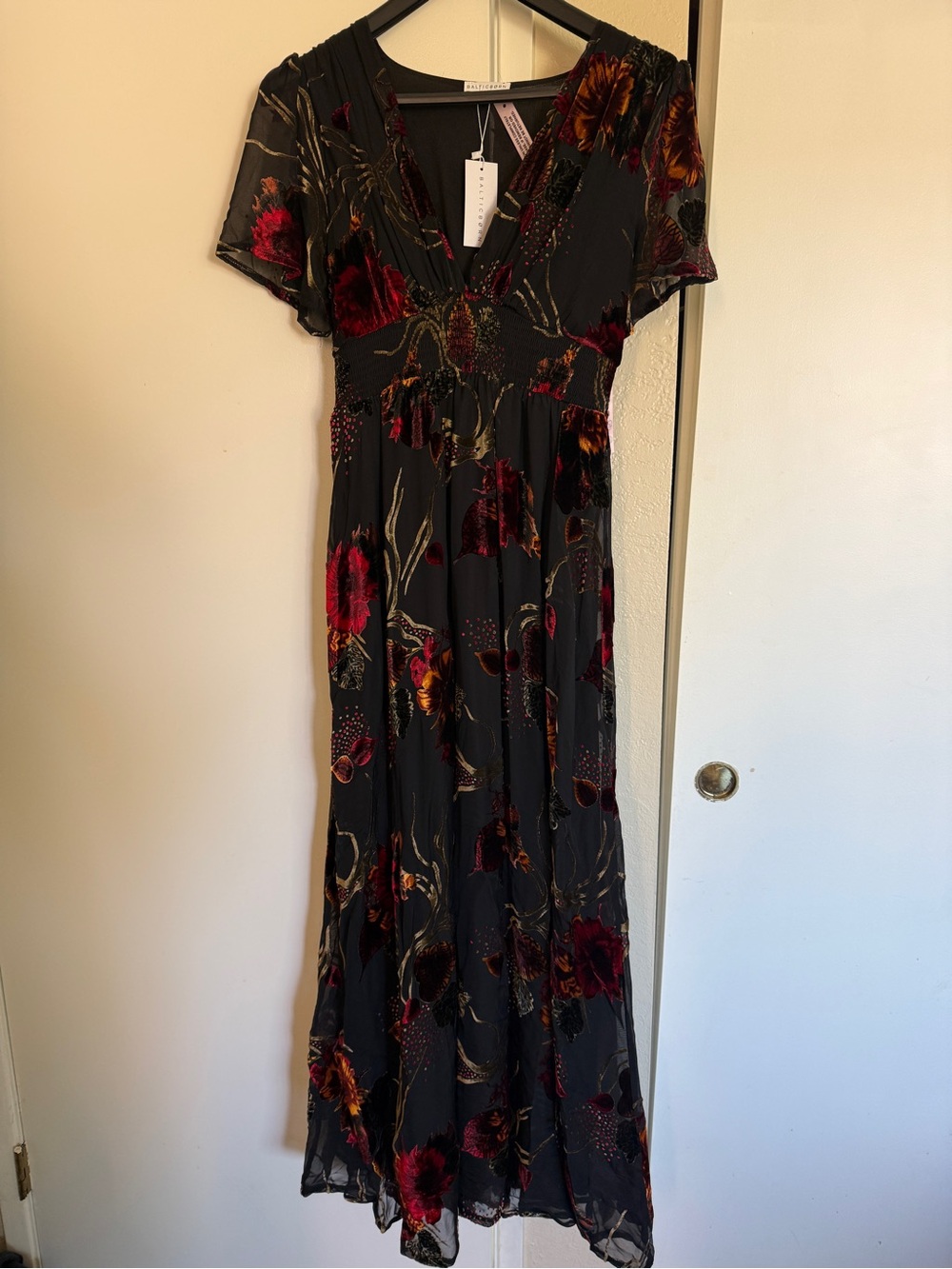 Baltic Born Black Maxi Dress with Burgundy and Gold Floral Print